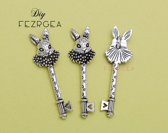 6PCS--15x51mm, encantos de la llave del conejo de la plata antigua. Colgantes home Key.