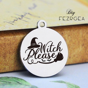 Witch Stainless Steel Charm, Chapeau de sorcière personnalisé Laser Gravé Charms, Bangle Charms