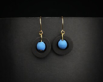 small hanging earrings made of polymer clay and natural tone "blue asteroid"