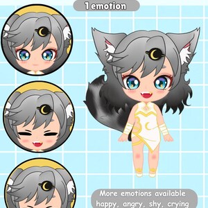 May include: Digital illustration of a cartoon character named Wolfie Moon. The character has gray hair, wolf ears, and a crescent moon on their forehead. The character is wearing a white and yellow outfit. The image includes the text "PNG Tuber Wolfie Moon" and "1 emotion".