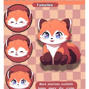 May include: A digital illustration of a red panda with a happy expression. The red panda is sitting on its haunches with its paws tucked in. The background is a checkered pattern. The text "PNG Tuber Red Panda" and "1 emotion" is at the top of the image. The text "More emotions available happy, angry, shy, crying" is at the bottom of the image.