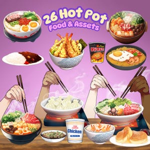 Hotpot & Mukbang Food Vtuber Assets: 26 PNG Stream Overlays