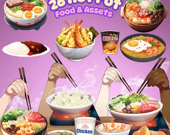 Hotpot & Mukbang Food Vtuber Assets: 26 PNG Stream Overlays