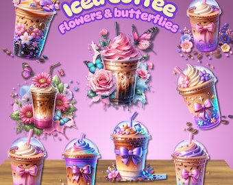 Iced Coffee Flowers Butterflies Vtuber Assets: Streamer Overlays (PNG)