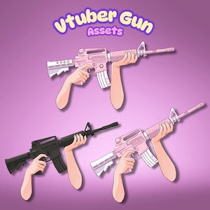 Puede incluir: Cuatro ilustraciones digitales de brazos de dibujos animados sosteniendo armas de juguete de diferentes colores. Las armas son rosas, negras y blancas. El texto "Vtuber Gun Assets" está en la parte superior de la imagen.