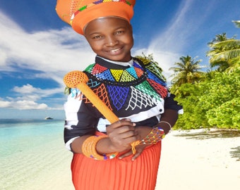 6-in-1 oranje geplooide traditionele Zulu-rok, ketting, muts en handschoenset