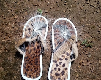 Leopard Print Authentic Zulu Imbadada Sandals Made from Springbok Hide and Tyres – Traditional African Handmade Footwear