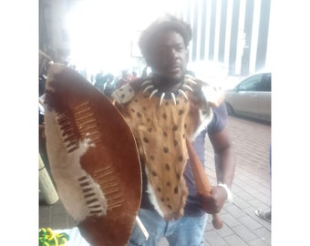 5 in 1 Zulu African Traditional cultural Shield, African warrior hat, african warrior shield and hat made of cowhide (IHAWU)