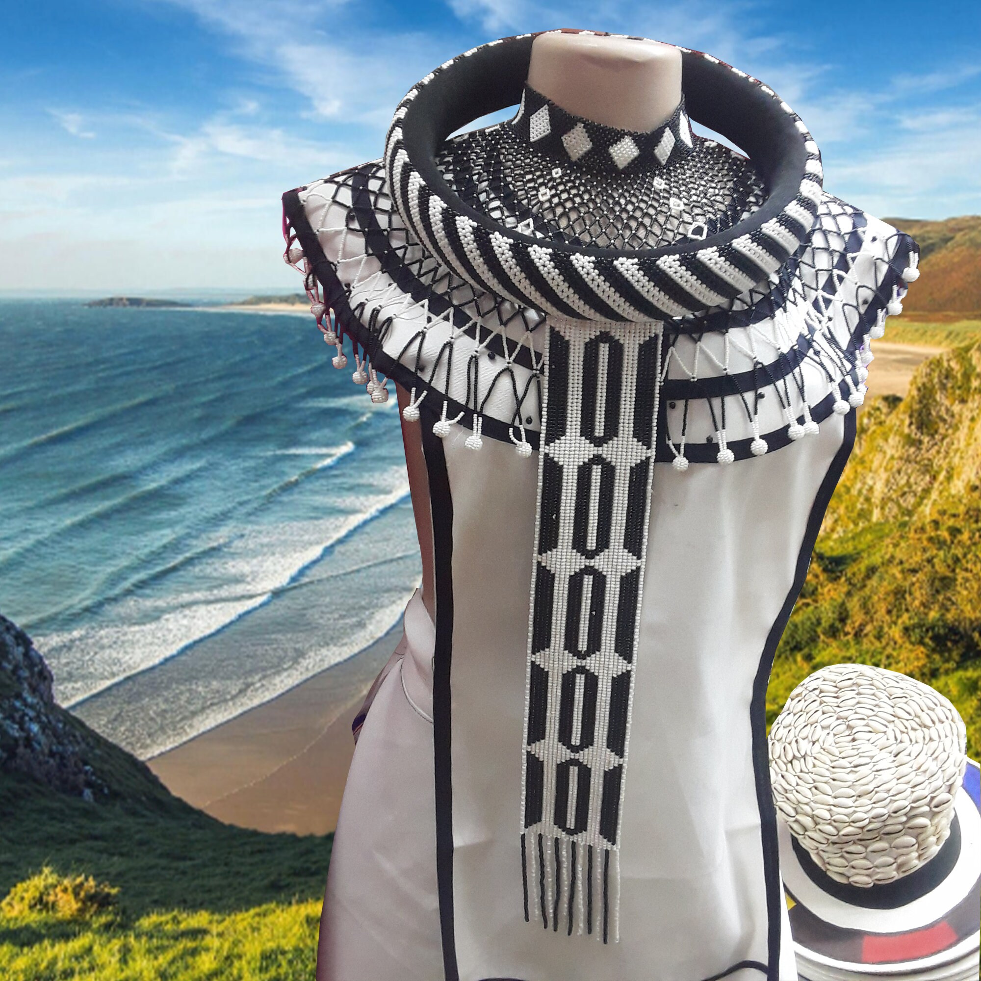 2 in 1 Black and White Long Ndebele Wheel Beaded Necklace | Ndebele Neck Hoop | Ndebele Isigolwani Neckring with Beaded Tie