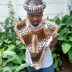 Two Piece Zulu Mbata Chest Strap Real animal skin Umqhele Headband Set–Authentic Springbok Leopard Print Design
