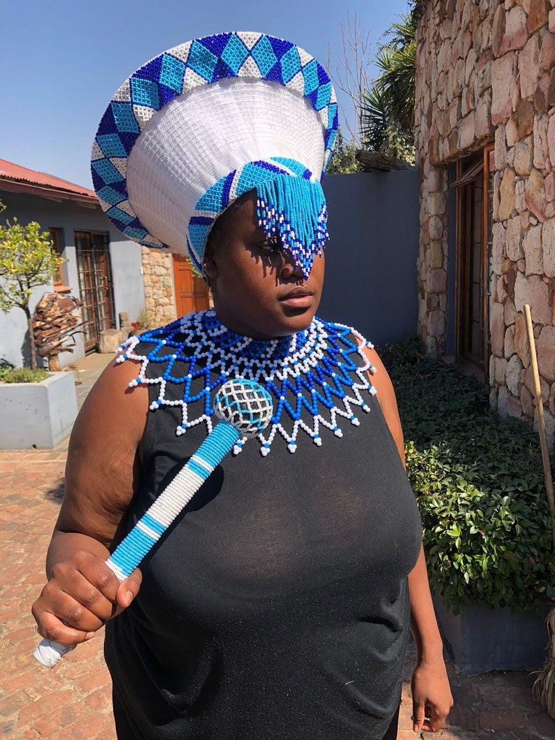 4 in 1 Blue and White Zulu Isicholo Hat Set| Traditional African ...