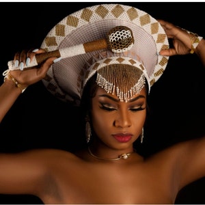 3 in 1 White and Gold Zulu HatI Large Zulu Hat |African Hat | Isicholo | African Bucket Hat | White Zulu Hat| Zulu Basket Hat |African Crown