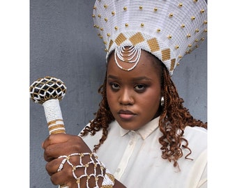 3 in 1  White and Gold Zulu HatI  Large Zulu Hat|African Hat| Isicholo| African Bucket Hat| White Zulu Hat|Zulu Basket Hat |African Crown