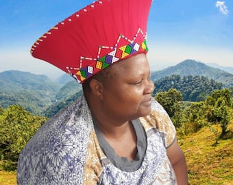 Large Zulu Hat | African Hat | Isicholo | African Bucket Hat | Red Zulu Hat | Red and Blue Zulu Hat | Zulu Basket Hat | African Crown