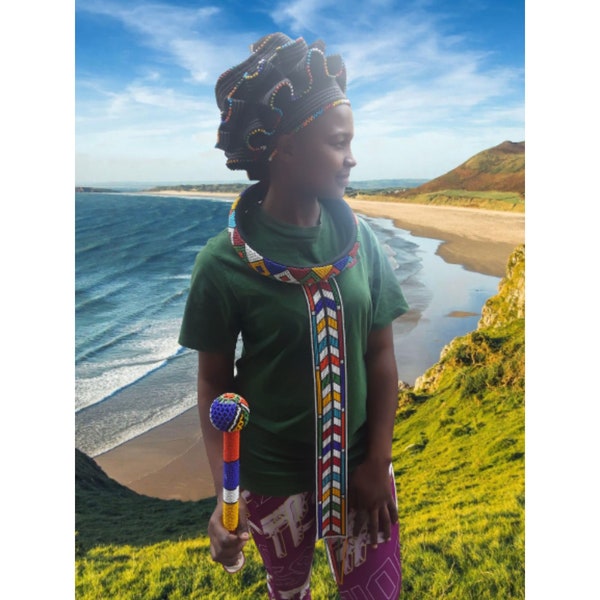 3 in 1 Colourful Long Ndebele Wheel Beaded Necklace | Ndebele Neck Hoop | Ndebele Isigolwani Neckring with Beaded Tie