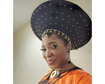 Large Black and Gold Zulu HatI Large Zulu Hat |African Hat| Isicholo | African Bucket Hat| White Zulu Hat| Zulu Basket Hat |African Crown