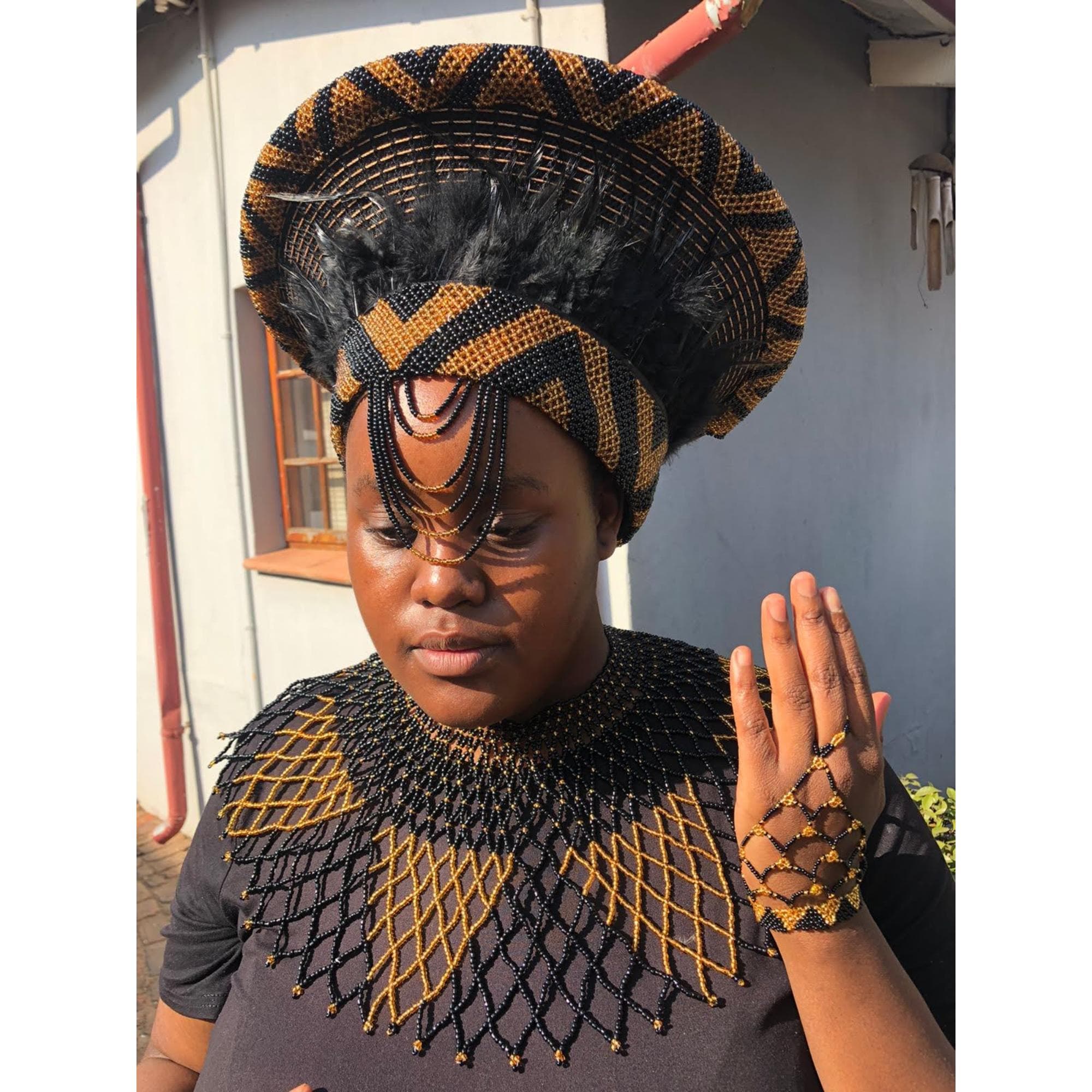 3 in 1 Gold and Black Zulu Isicholo Hat Set| Traditional African ...