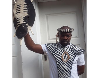 3 in 1 Zulu African Traditional cultural Shield, African warrior hat, african warrior shield and hat made of cowhide (IHAWU)