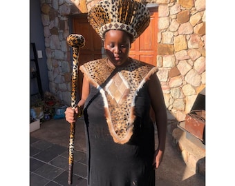 Leopard Print Zulu Isicholo Hat, Beaded Chestguard & 90cm Knobkerrie Set for Women - Authentic Zulu Cultural Attire