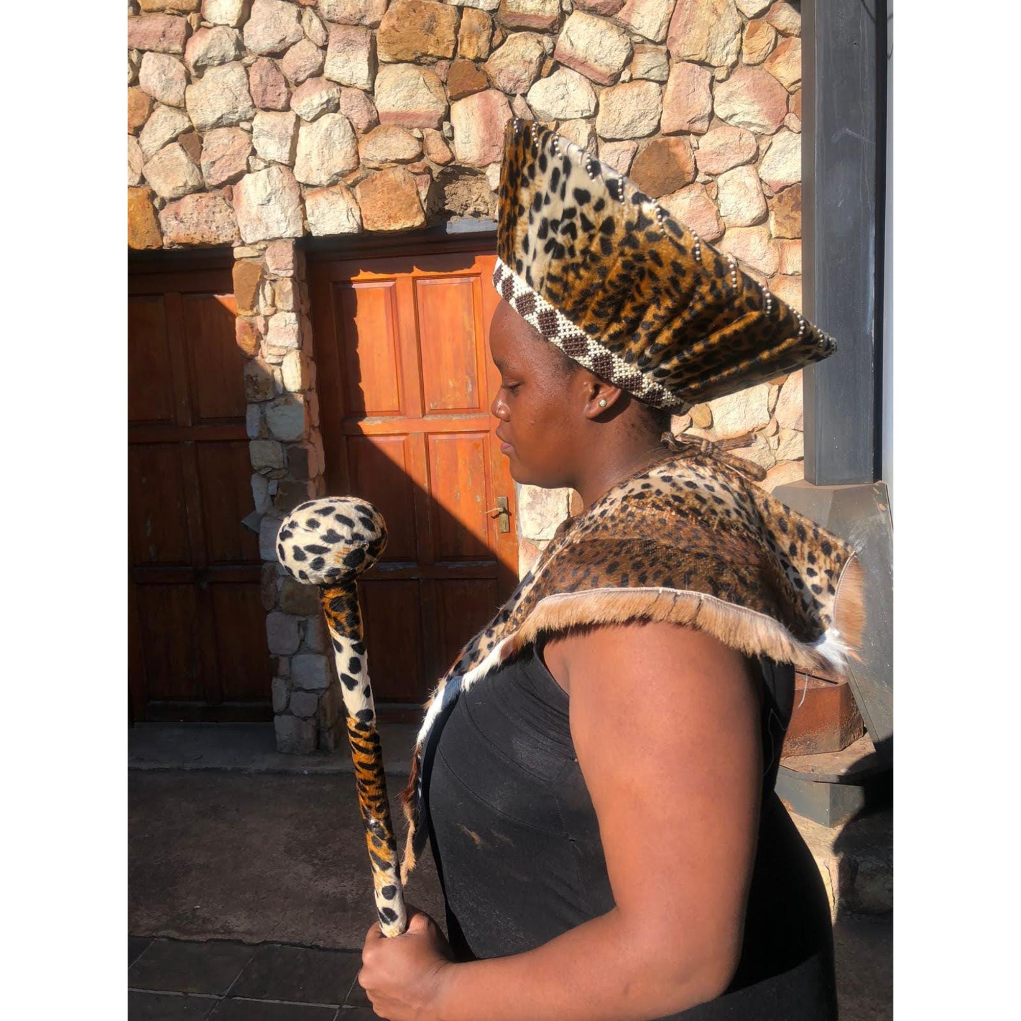 Leopard Print Zulu Isicholo Hat, Beaded Chestguard & 90cm Knobkerrie ...