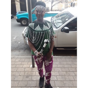 4-in-1 zwart-wit Zulu-vest met kralen | Handgemaakte Zulu-kralen met Zulu-kralen nekstuk | zulu vest met kralen | Vest met Afrikaanse kralen