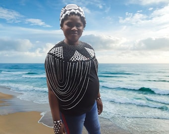 Black And White Xhosa Hat Combo: Beaded xhosa Hat, Necklace vest, Gloves and gloves