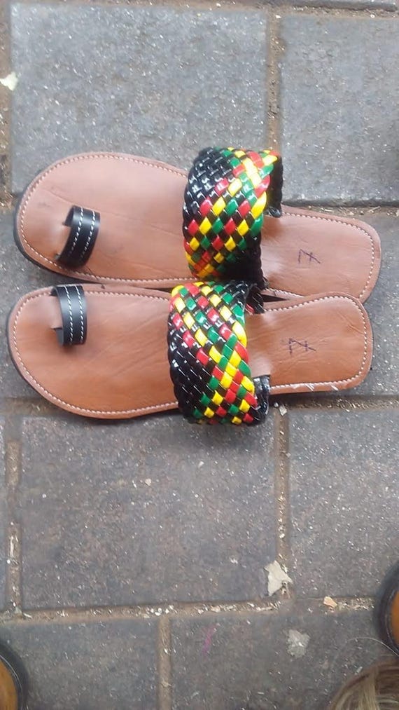 Handwoven African Sandals With Multicolor Rasta Beading