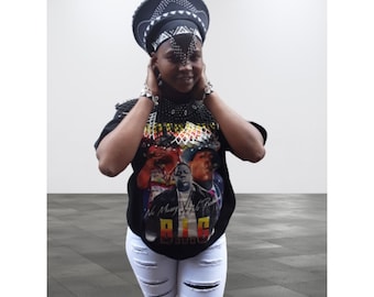 Black And White Zulu Hat Combo: Beaded Zulu Hat, Necklace, Gloves