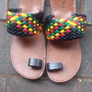 Handwoven African Sandals with Multicolor Rasta Beading | Traditional Leather Sandals Made from Real Tyres
