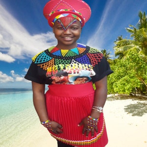 Pleated traditional Zulu Skirt, Necklace, Hat and glove Set