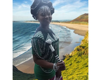 Black And White Xhosa Hat Combo: Beaded xhosa Hat, Necklace vest, Gloves and gloves