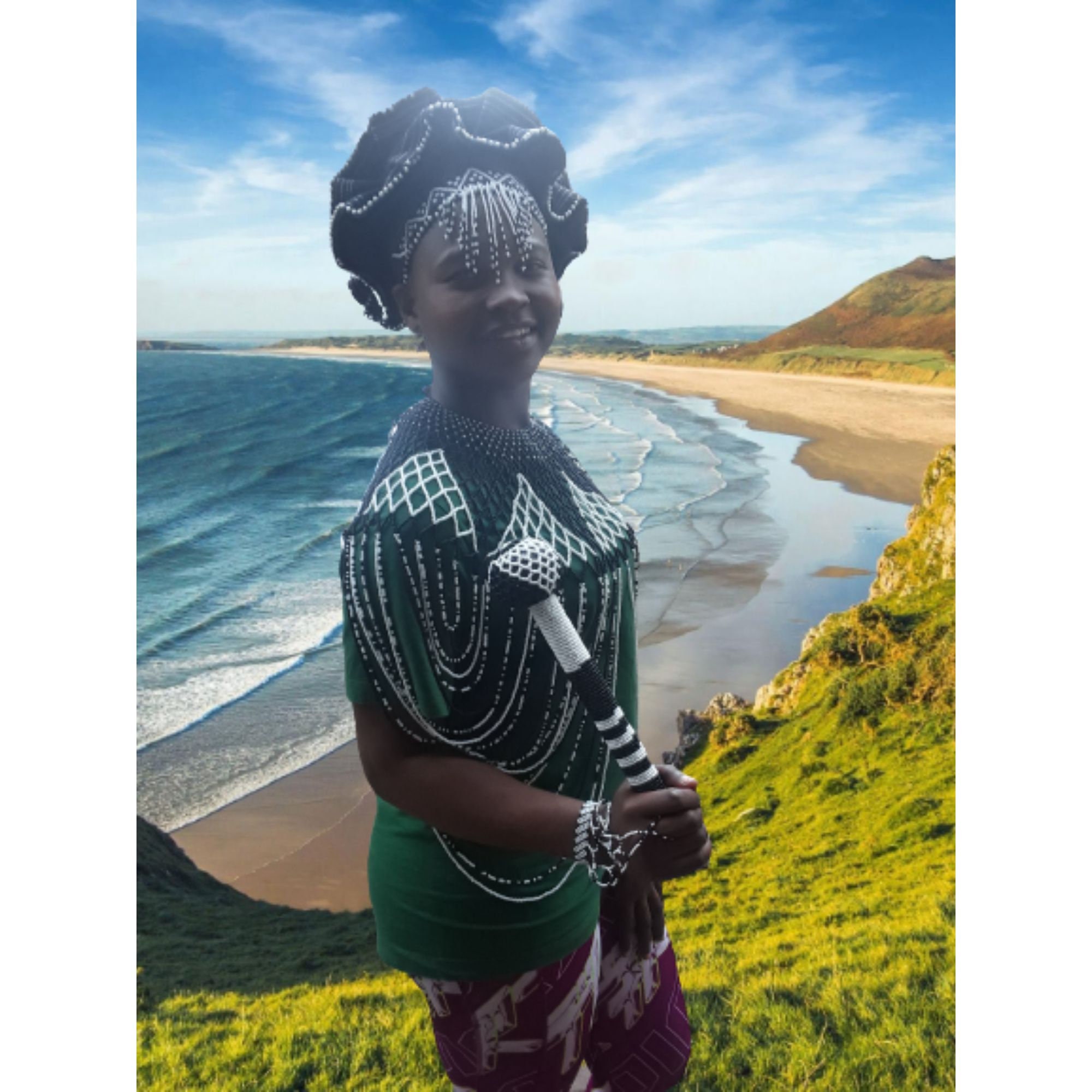 Black And White Xhosa Hat Combo: Beaded xhosa Hat, Necklace vest, Gloves and gloves
