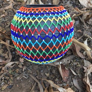 Beaded Plastic Ukhamba | Traditional African Beer Pot with Multicolored Beadwork | Zulu & Ndebele Cultural Decor