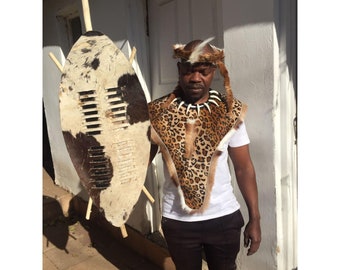 4 in 1 Zulu African Traditional cultural Shield, African warrior hat, african warrior shield and hat made of cowhide (Isihlangu)