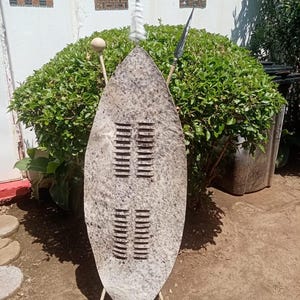 Escudo Zulú Isihlangu XXL de 145 cm / Auténtico escudo guerrero de piel de vaca blanca y gris / Decoración de pared tradicional africana