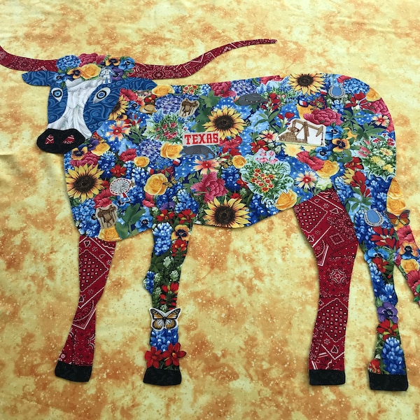 Bluebonnet the Longhorn Digital Download Collage Art Quilt Pattern PDF