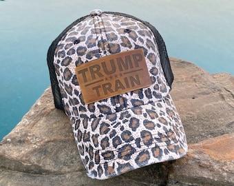 Trump Train Leather Leopard Engraved Hat