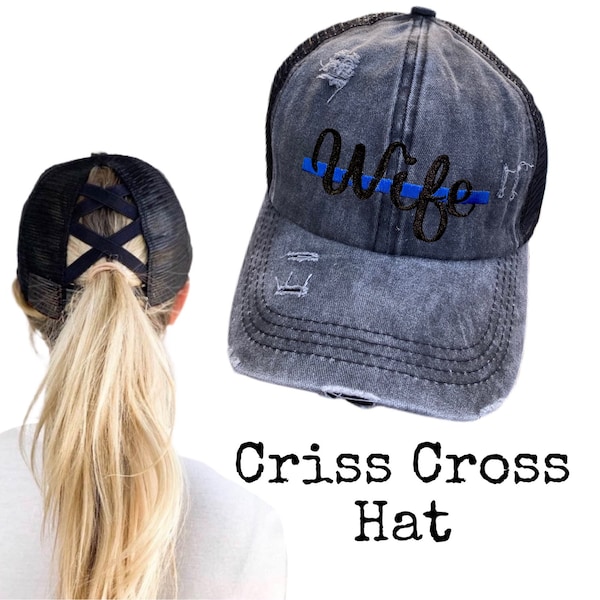 Thin Blue Line Police Wife Criss Cross Ponytail Hat