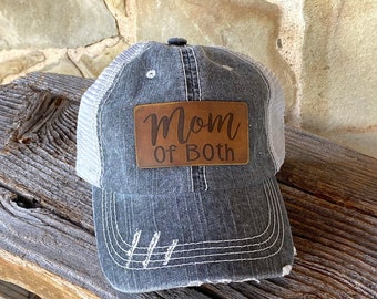 Mom of Both Leather Engraved Hat
