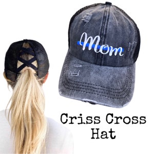 Thin Blue Line Police Mom Criss Cross Ponytail Hat
