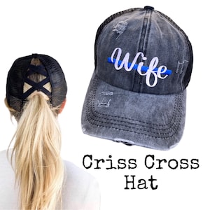 Thin Blue Line Police Wife Criss Cross Ponytail Hat