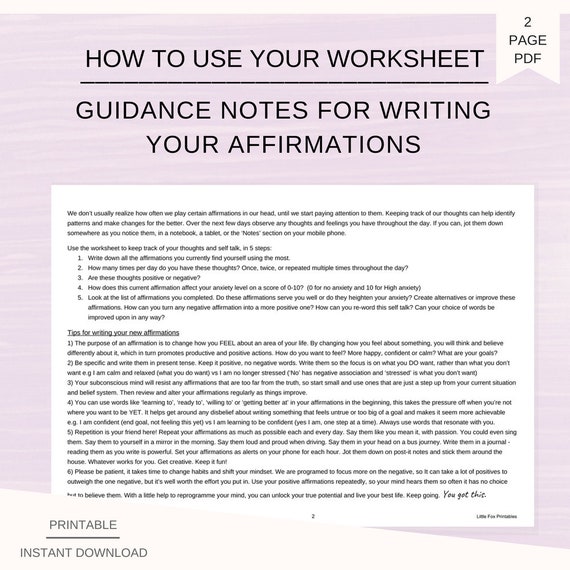 Power Of Affirmations Positive Self Talk Worksheet