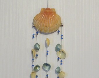OOAK Scallop shell, beaded wall hanging or mobile made with beach-combed shells, silver and blue glass beads, House-warming or garden gift