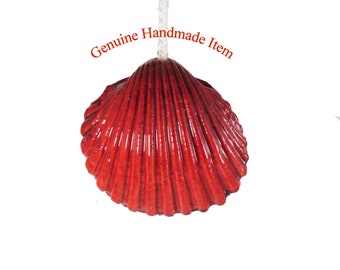 OOAK Nautical sea shell light pull handle, a cockle painted Strawberry Red. Themed cord pull for bathroom lighting, ceiling fans or blinds