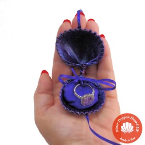 Unique purple shell engagement ring box idea for romantic Valentine&#39;s coastal proposal handfasting, vow renewal or wedding