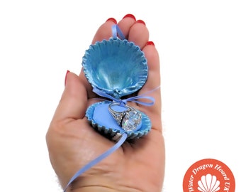 Unique shell engagement ring box idea for handfasting, wedding or family keepsake items. Has ribbon closure for romantic coastal proposal.