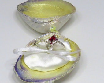 Unique shell engagement ring box idea for handfasting, wedding or family keepsake items. Has ribbon closure for romantic coastal proposal.