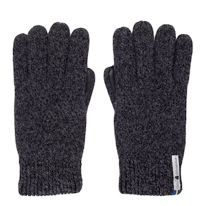 May include: A pair of gray knitted gloves with a leather palm and a small white tag that says "Glerups Denmark" on the right glove.