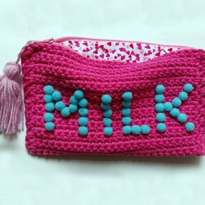 Milk Cosmetic Clutch Bag, Bright Pink Crochet Purse