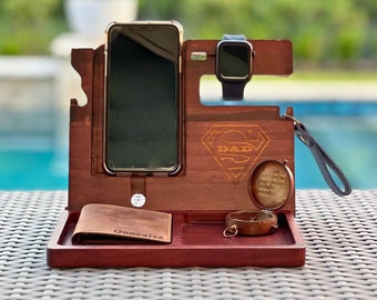 Anniversary Gift for Husband, Personalized Wood Engraved Docking Station, Fathers Day Gift, Custom Desk Organizer for Dad, Gifts for Men